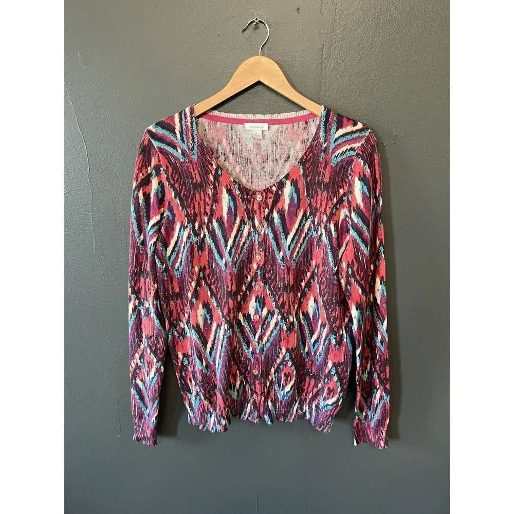 Sundance Womens Multicolor Geometric Pattern Lightweight Button Up Sweatshirt L